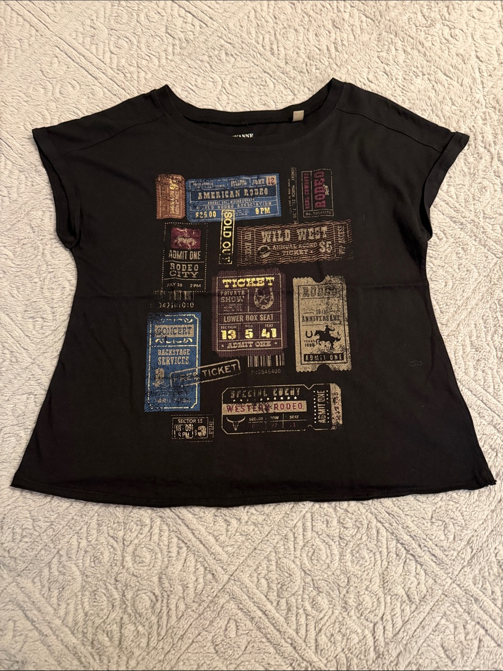 Shyanne Black Tee with Vintage Ticket Patch Graphics